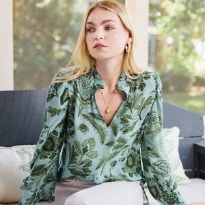 NWT Spartina 449 Bethany Serpentine Foliage Pesto Long Sleeve Blouse, Large
